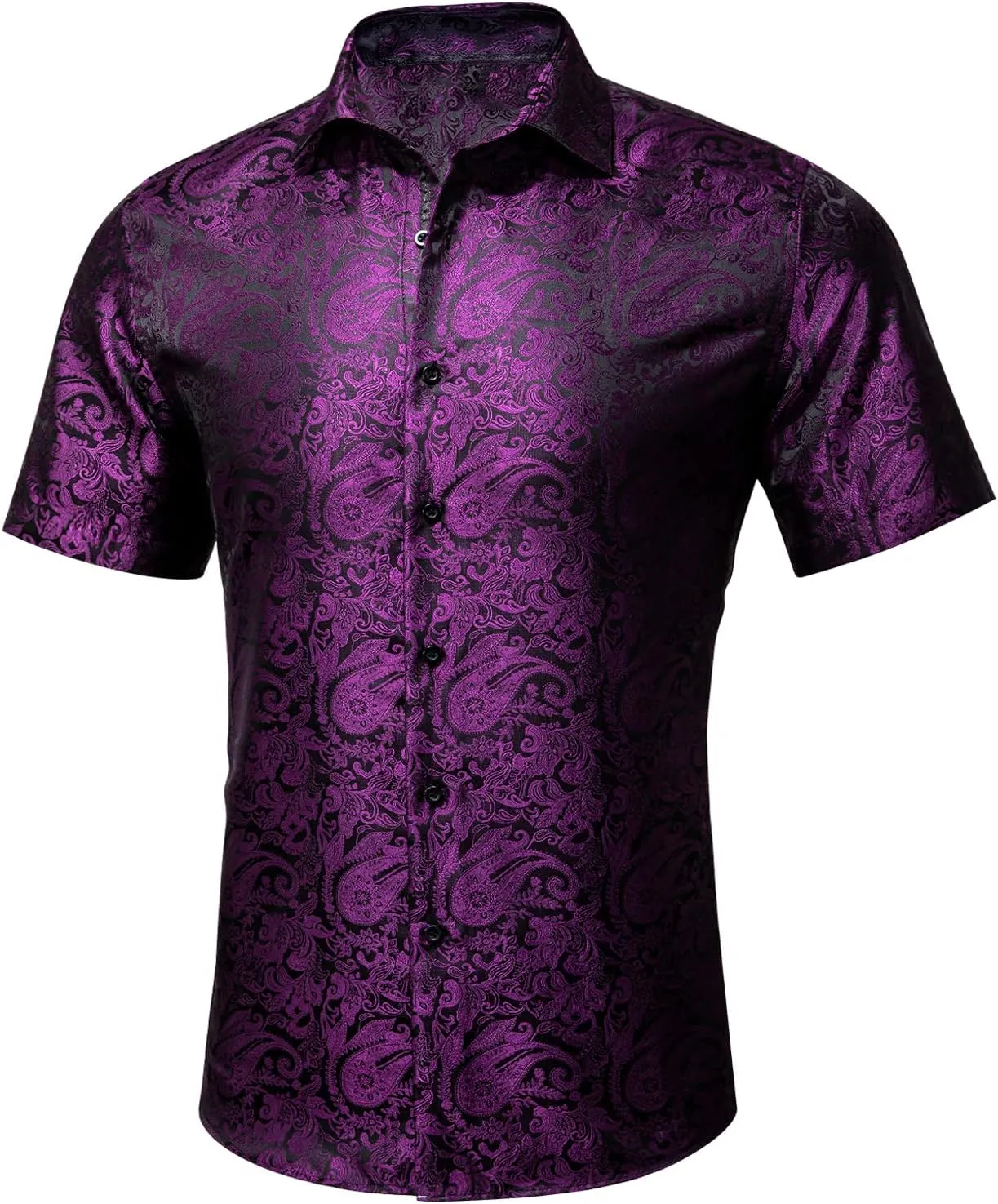 Barry.Wang Men's Silk Shirts Short Sleeve Western Designer Button Down Paisley Shirt Casual Beach Summer Party Mexico