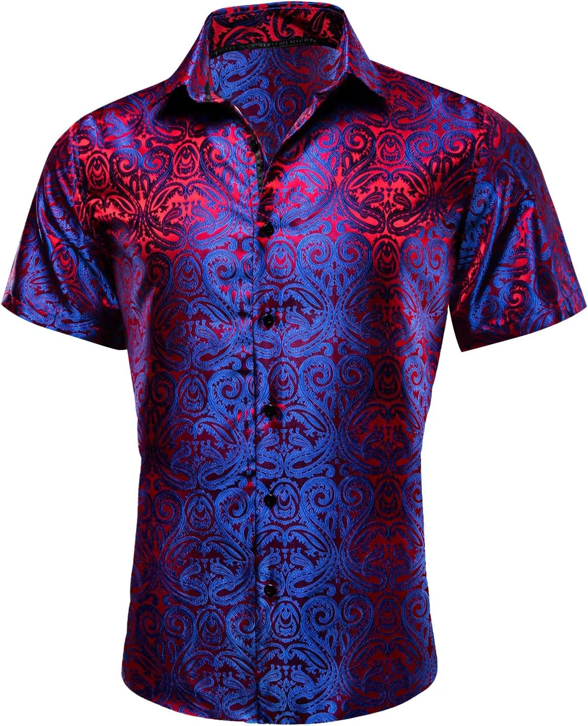 Barry.Wang Men's Silk Shirts Short Sleeve Western Designer Button Down Paisley Shirt Casual Beach Summer Party Mexico