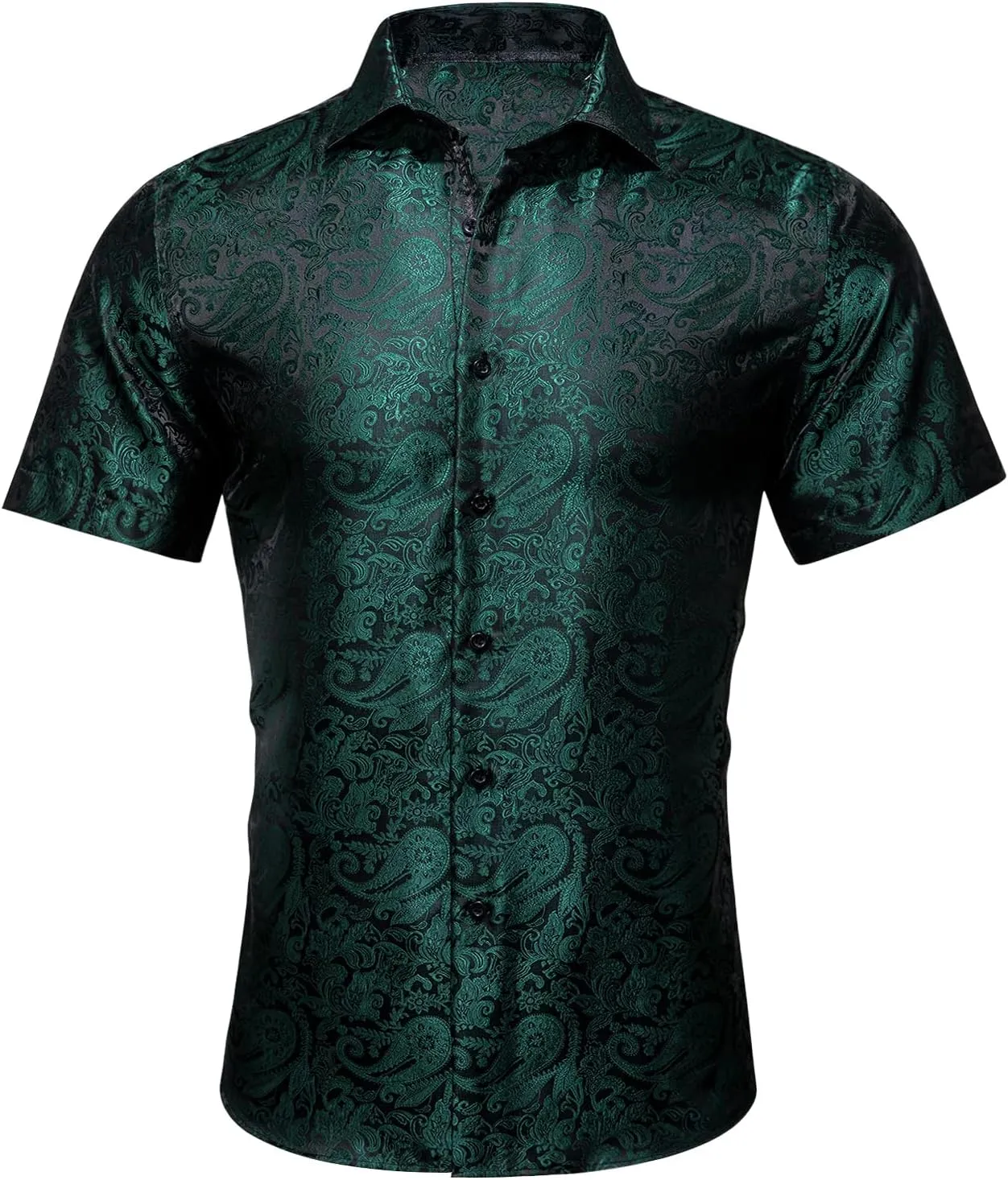 Barry.Wang Men's Silk Shirts Short Sleeve Western Designer Button Down Paisley Shirt Casual Beach Summer Party Mexico