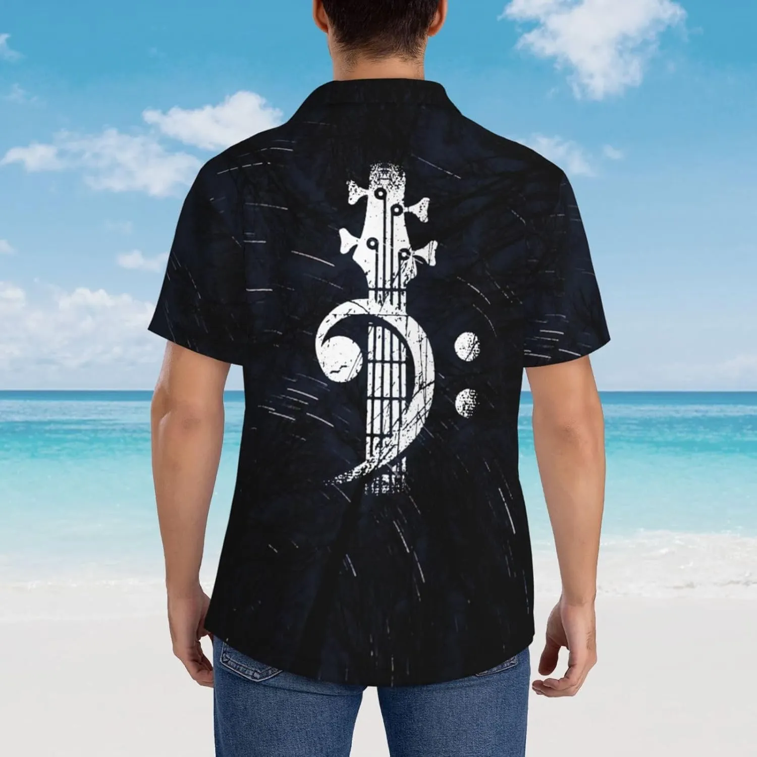 Bass-Clef-Headstock-Bass-Guitar-Gift Mens Hawaiian Shirts Button Down Short Sleeve Beach Shirts Summer Casual Shirts