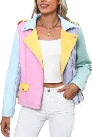 Bellivera Women's Faux Leather Jacket Studded Rivet Casual Short Moto Biker Stand Collar Coat