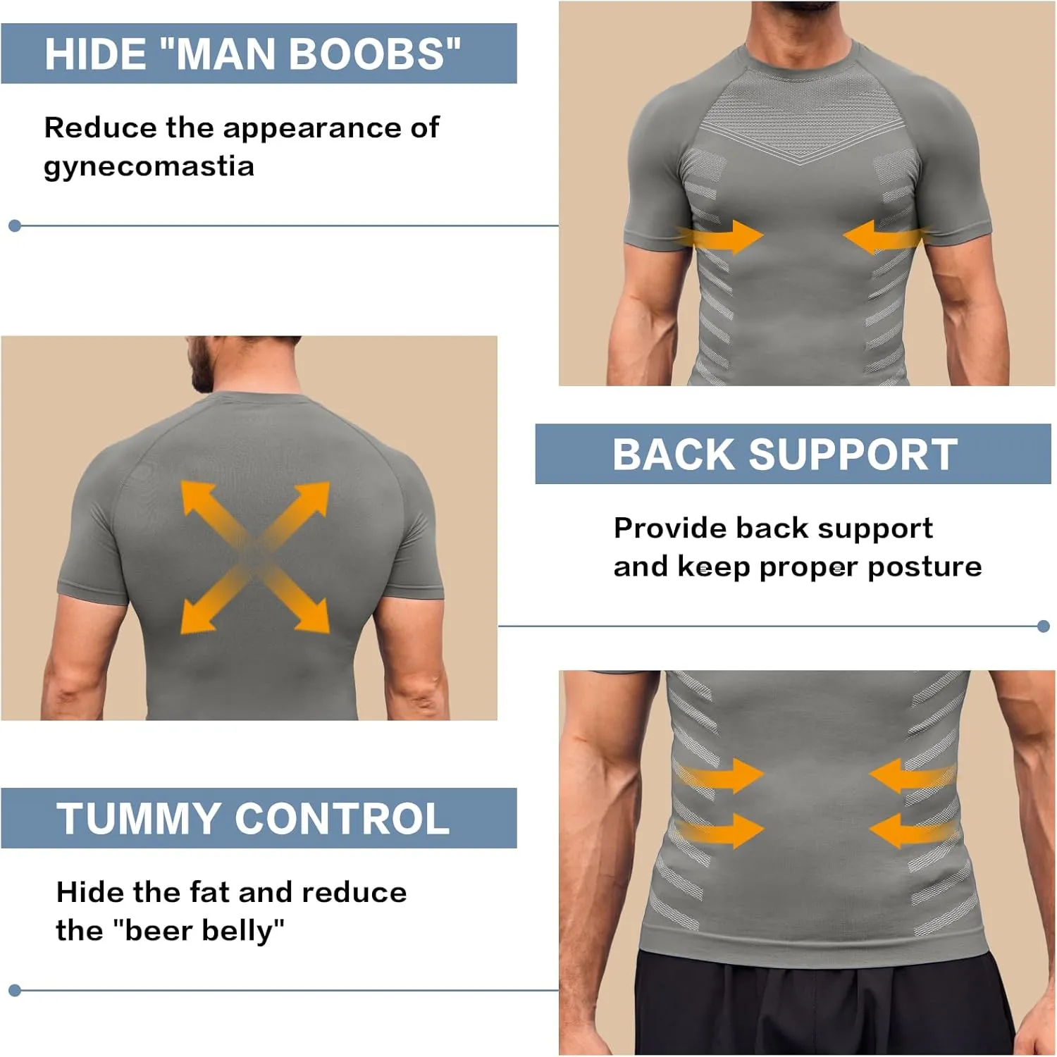 Beotyshow Gynecomastia Compression Shirts Short Sleeve Slimming Body Shaper Shapewear Workout T Shirts Undershirts