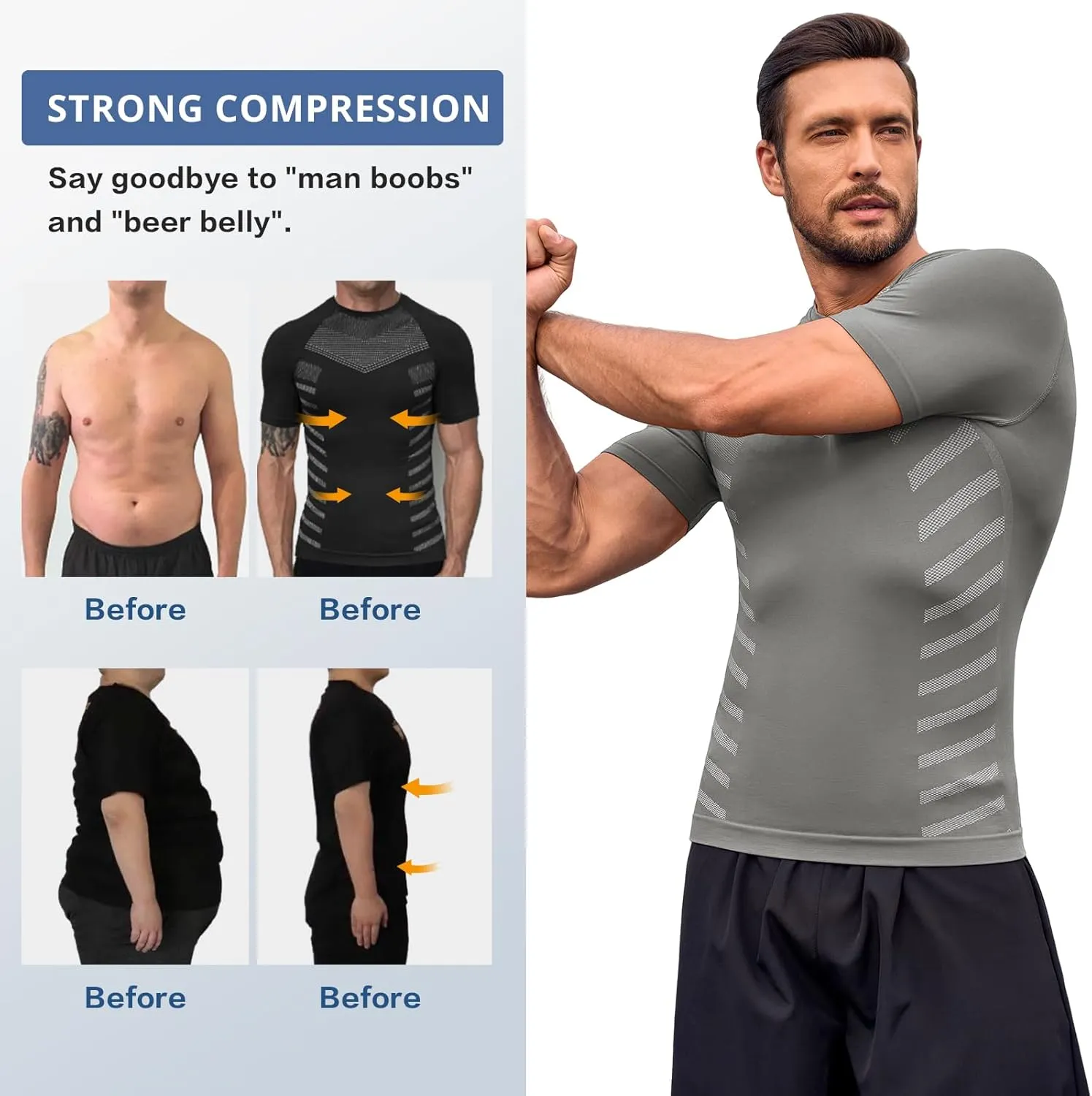 Beotyshow Gynecomastia Compression Shirts Short Sleeve Slimming Body Shaper Shapewear Workout T Shirts Undershirts