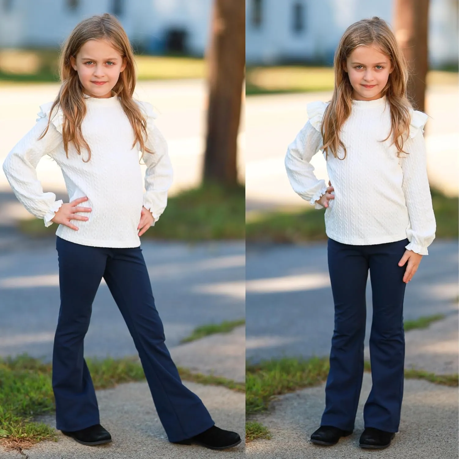BIG ELEPHANT Girls Fleece Lined Flare Leggings, High Waisted Athletic Bell Bottom Pants for Kids