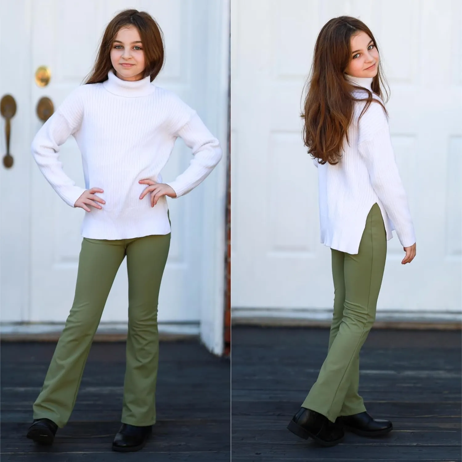 BIG ELEPHANT Girls Fleece Lined Flare Leggings, High Waisted Athletic Bell Bottom Pants for Kids