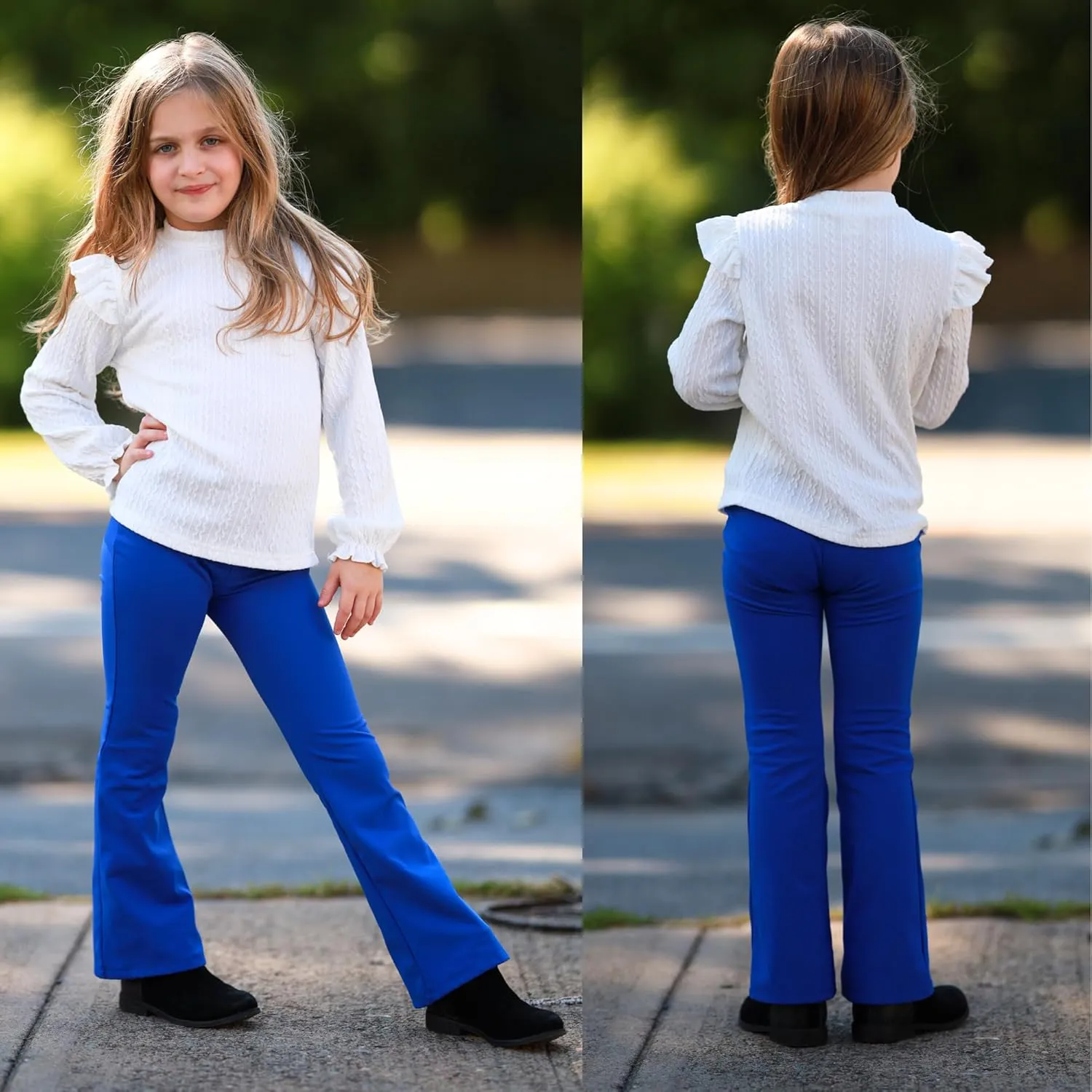 BIG ELEPHANT Girls Fleece Lined Flare Leggings, High Waisted Athletic Bell Bottom Pants for Kids