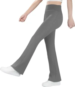 BIG ELEPHANT Girls Fleece Lined Flare Leggings, High Waisted Athletic Bell Bottom Pants for Kids