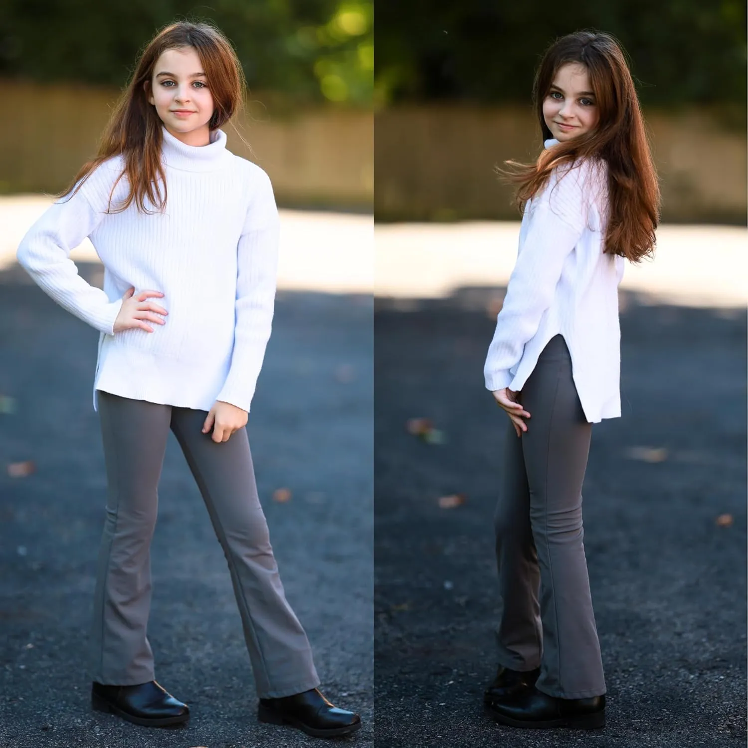 BIG ELEPHANT Girls Fleece Lined Flare Leggings, High Waisted Athletic Bell Bottom Pants for Kids