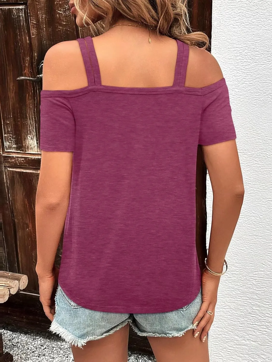 Bliwov Womens Cold Shoulder Tops Short Sleeve Cute Sexy Summer Spring Beach Vacation T Shirts Fashion Outfits Basic Clothes