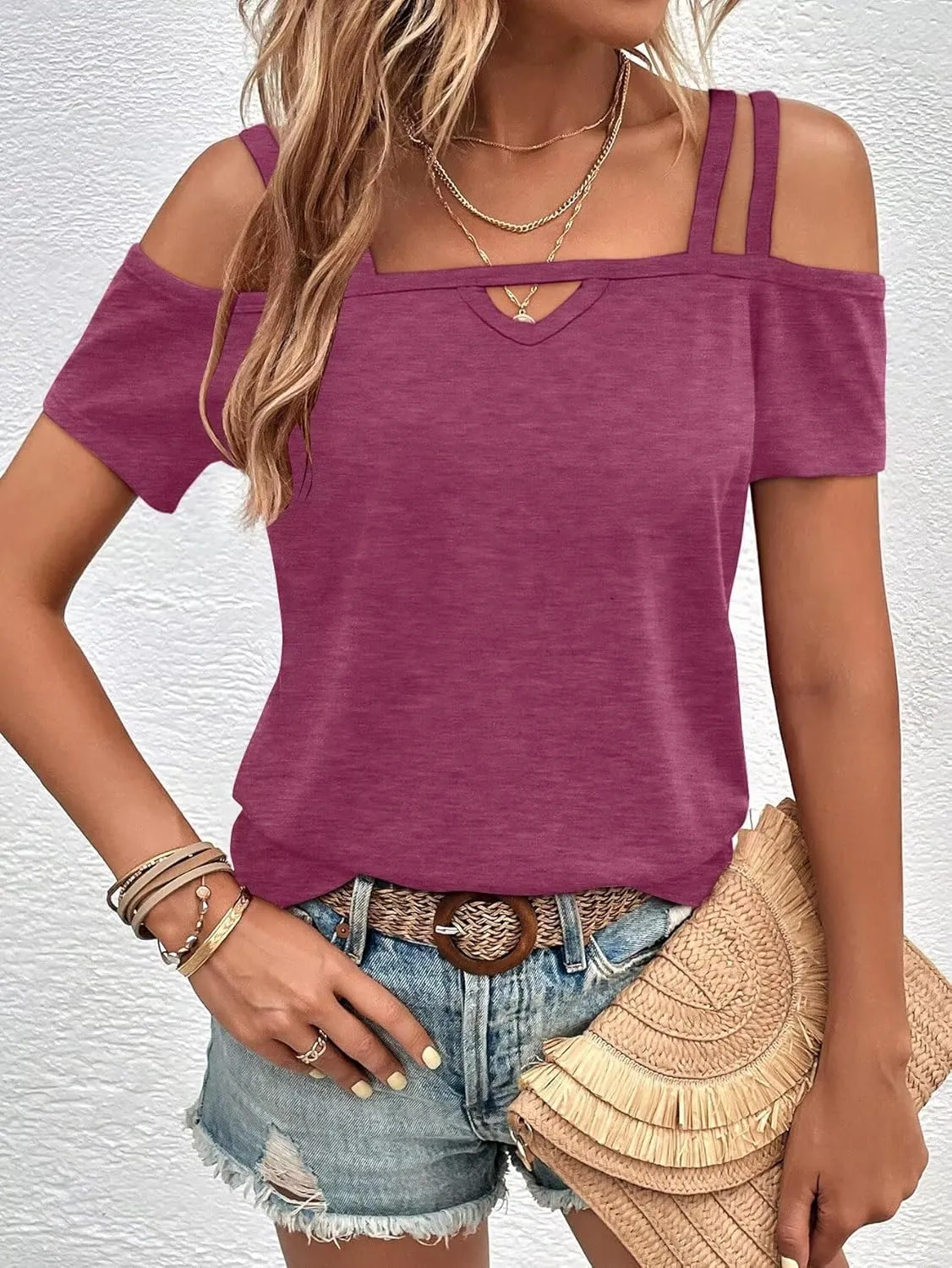 Bliwov Womens Cold Shoulder Tops Short Sleeve Cute Sexy Summer Spring Beach Vacation T Shirts Fashion Outfits Basic Clothes