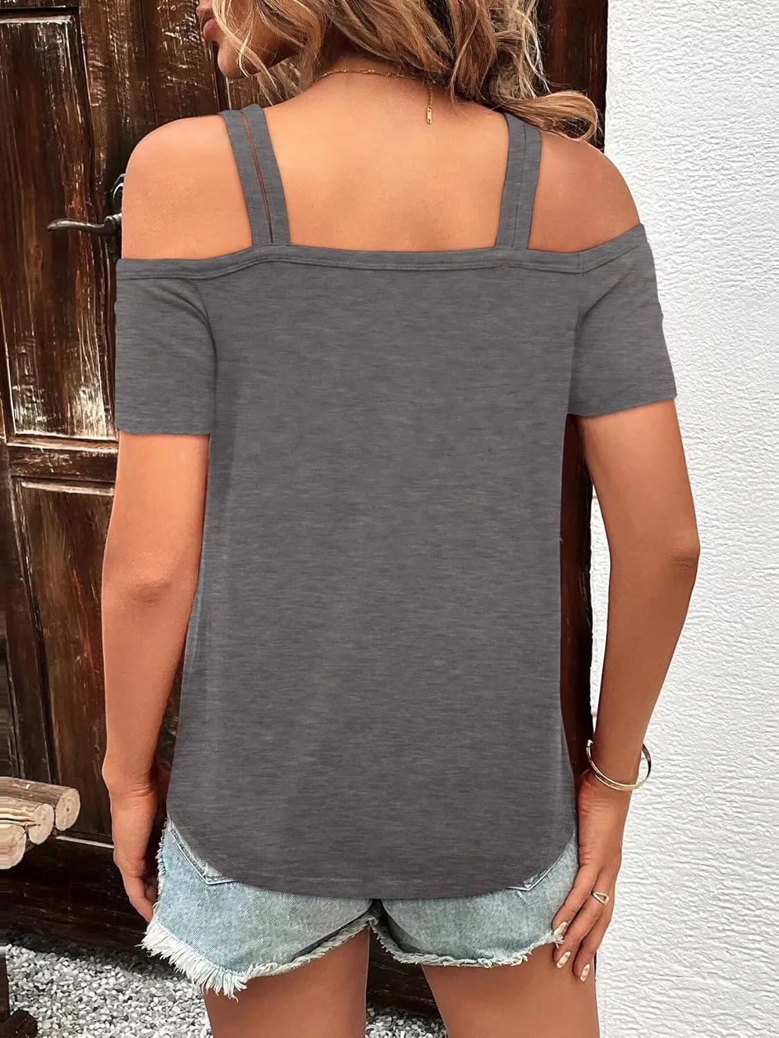 Bliwov Womens Cold Shoulder Tops Short Sleeve Cute Sexy Summer Spring Beach Vacation T Shirts Fashion Outfits Basic Clothes