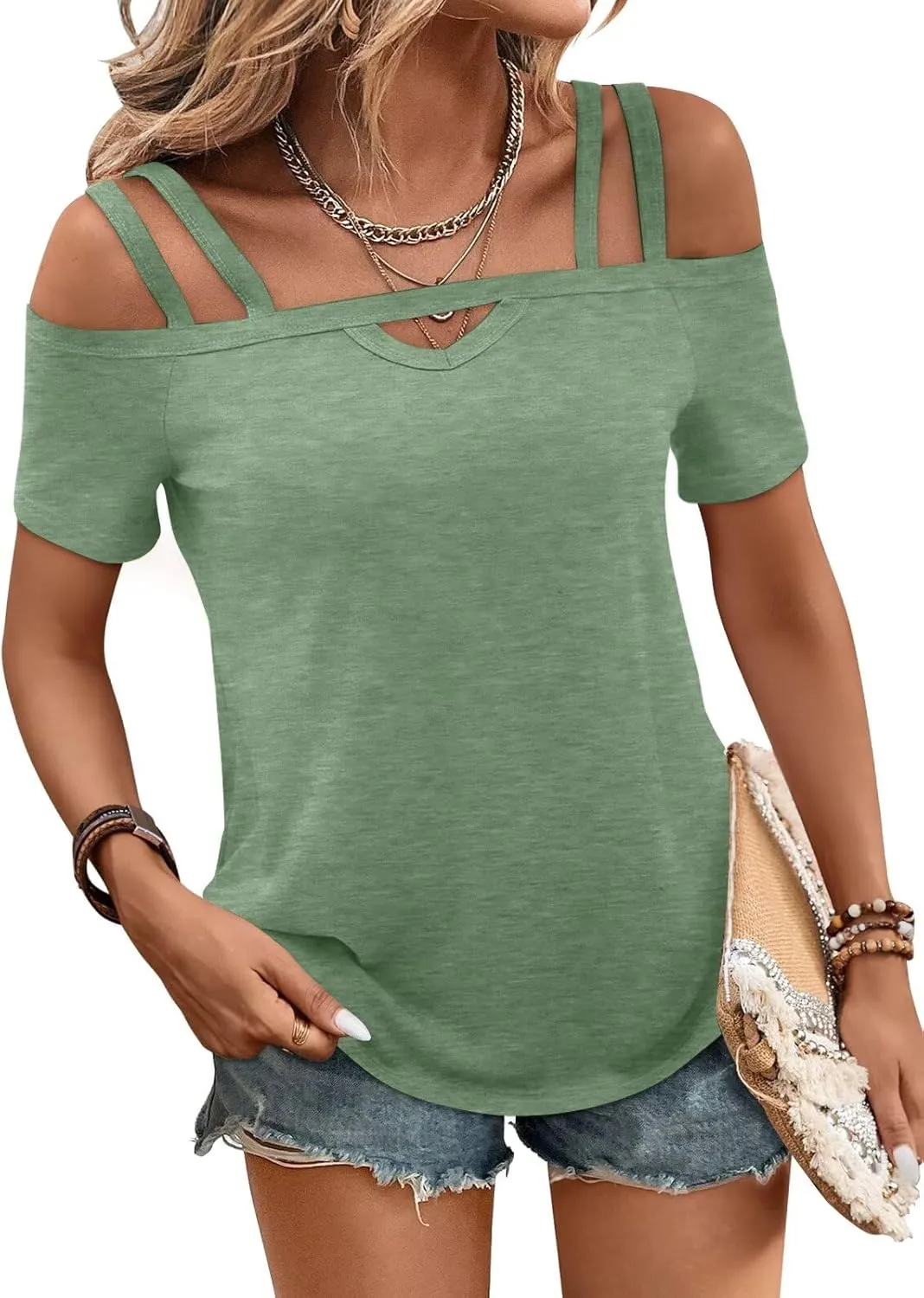 Bliwov Womens Cold Shoulder Tops Short Sleeve Cute Sexy Summer Spring Beach Vacation T Shirts Fashion Outfits Basic Clothes