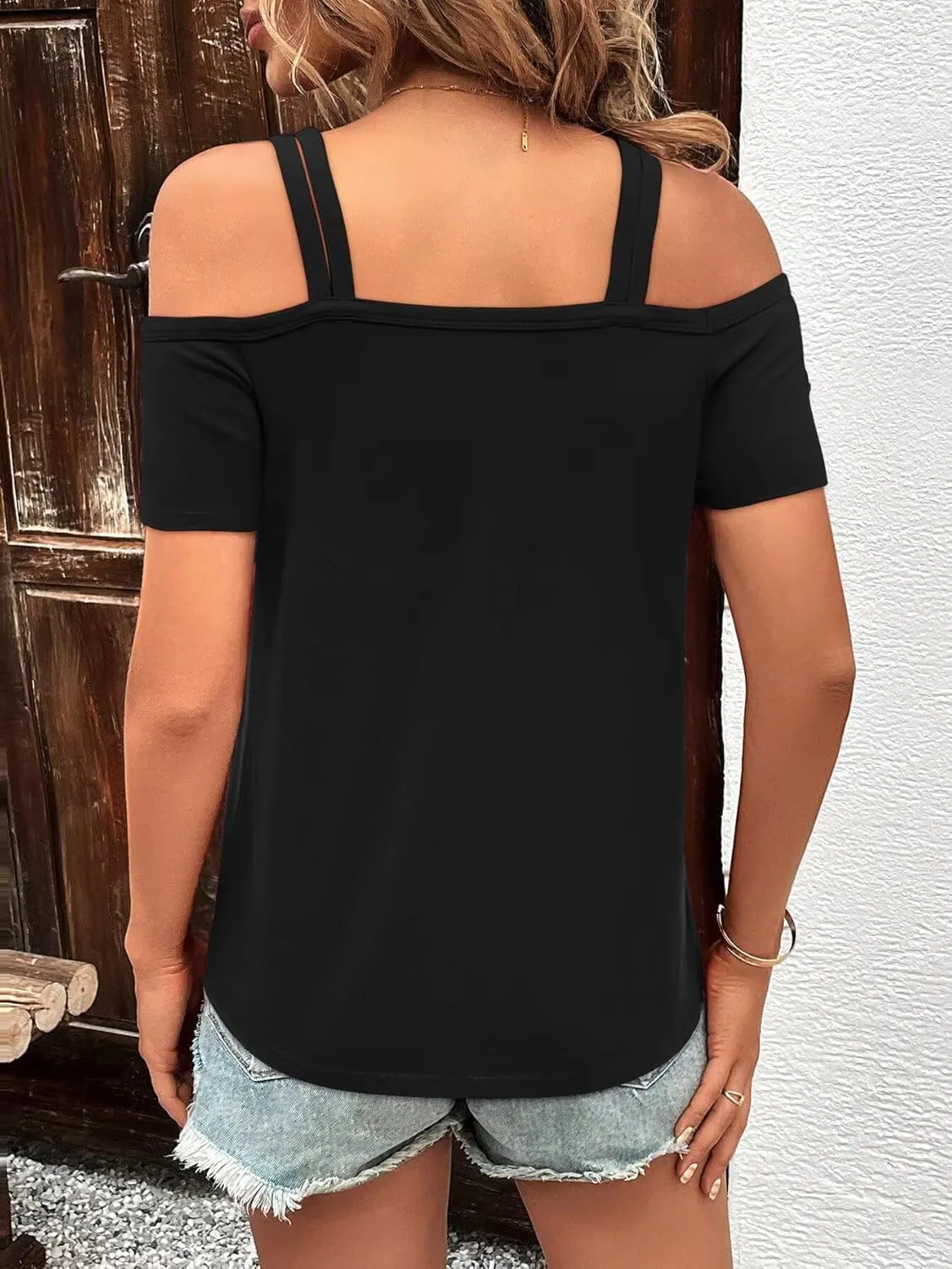 Bliwov Womens Cold Shoulder Tops Short Sleeve Cute Sexy Summer Spring Beach Vacation T Shirts Fashion Outfits Basic Clothes