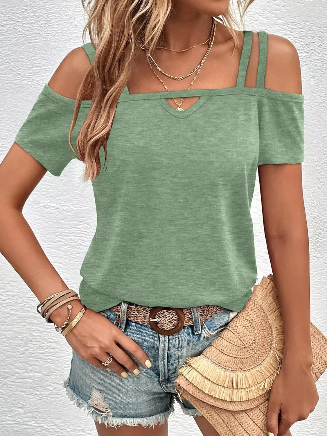 Bliwov Womens Cold Shoulder Tops Short Sleeve Cute Sexy Summer Spring Beach Vacation T Shirts Fashion Outfits Basic Clothes