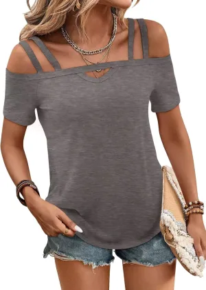 Bliwov Womens Cold Shoulder Tops Short Sleeve Cute Sexy Summer Spring Beach Vacation T Shirts Fashion Outfits Basic Clothes