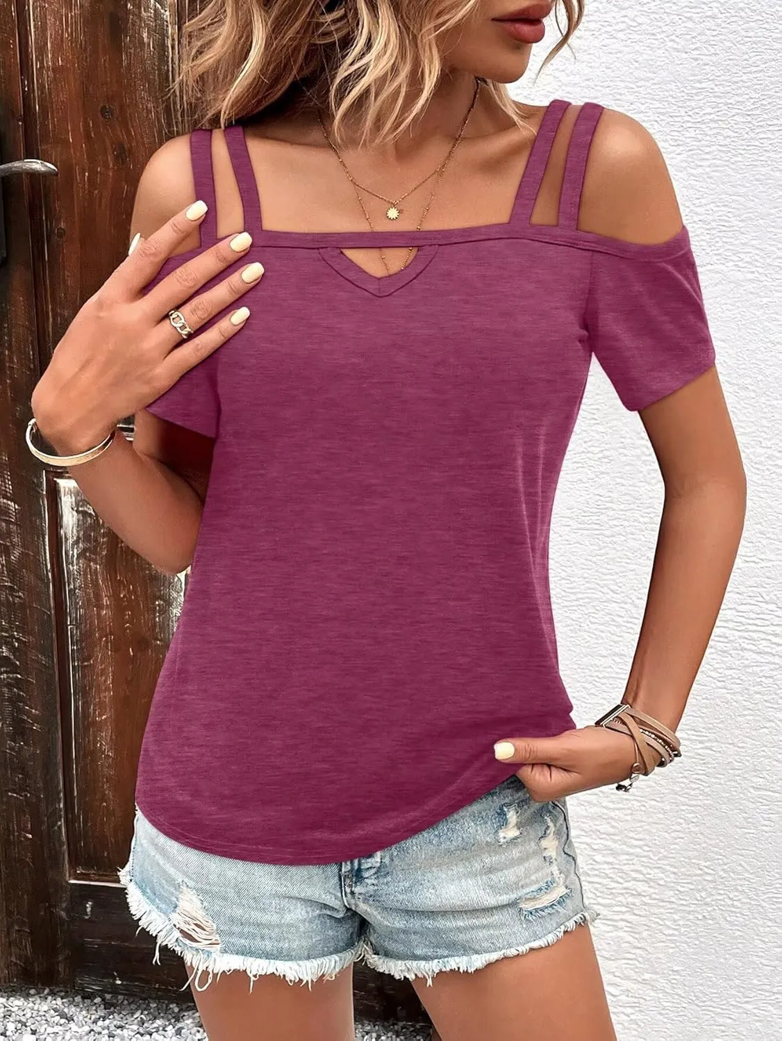 Bliwov Womens Cold Shoulder Tops Short Sleeve Cute Sexy Summer Spring Beach Vacation T Shirts Fashion Outfits Basic Clothes