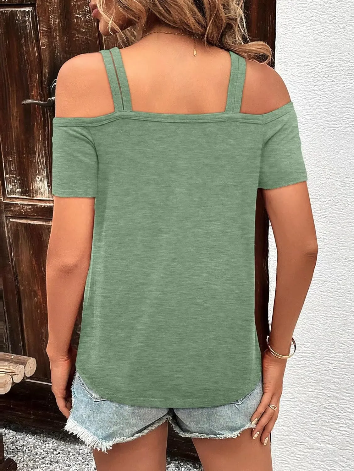 Bliwov Womens Cold Shoulder Tops Short Sleeve Cute Sexy Summer Spring Beach Vacation T Shirts Fashion Outfits Basic Clothes