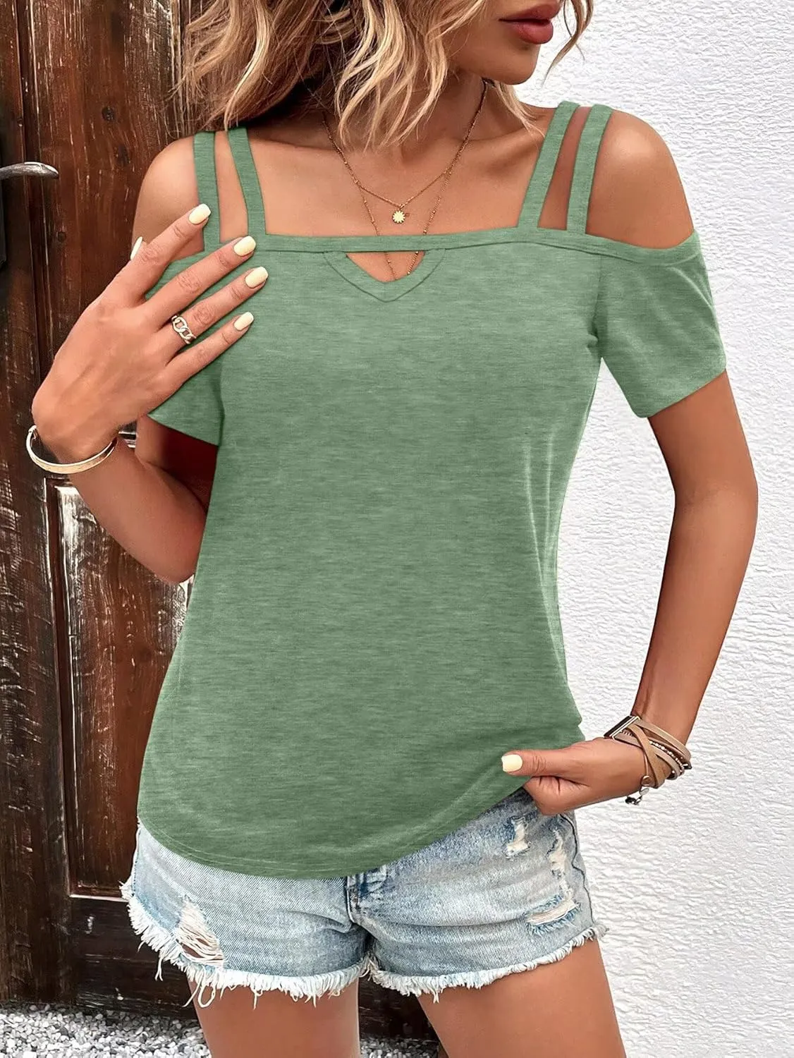 Bliwov Womens Cold Shoulder Tops Short Sleeve Cute Sexy Summer Spring Beach Vacation T Shirts Fashion Outfits Basic Clothes