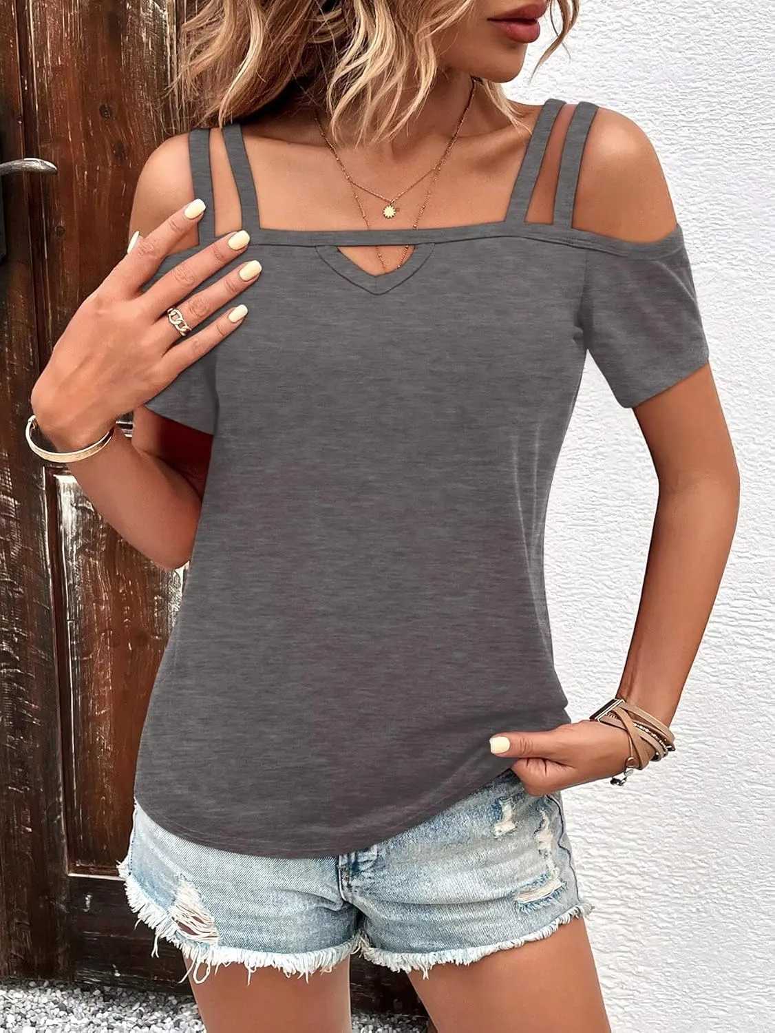 Bliwov Womens Cold Shoulder Tops Short Sleeve Cute Sexy Summer Spring Beach Vacation T Shirts Fashion Outfits Basic Clothes