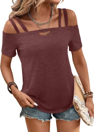 Bliwov Womens Cold Shoulder Tops Short Sleeve Cute Sexy Summer Spring Beach Vacation T Shirts Fashion Outfits Basic Clothes