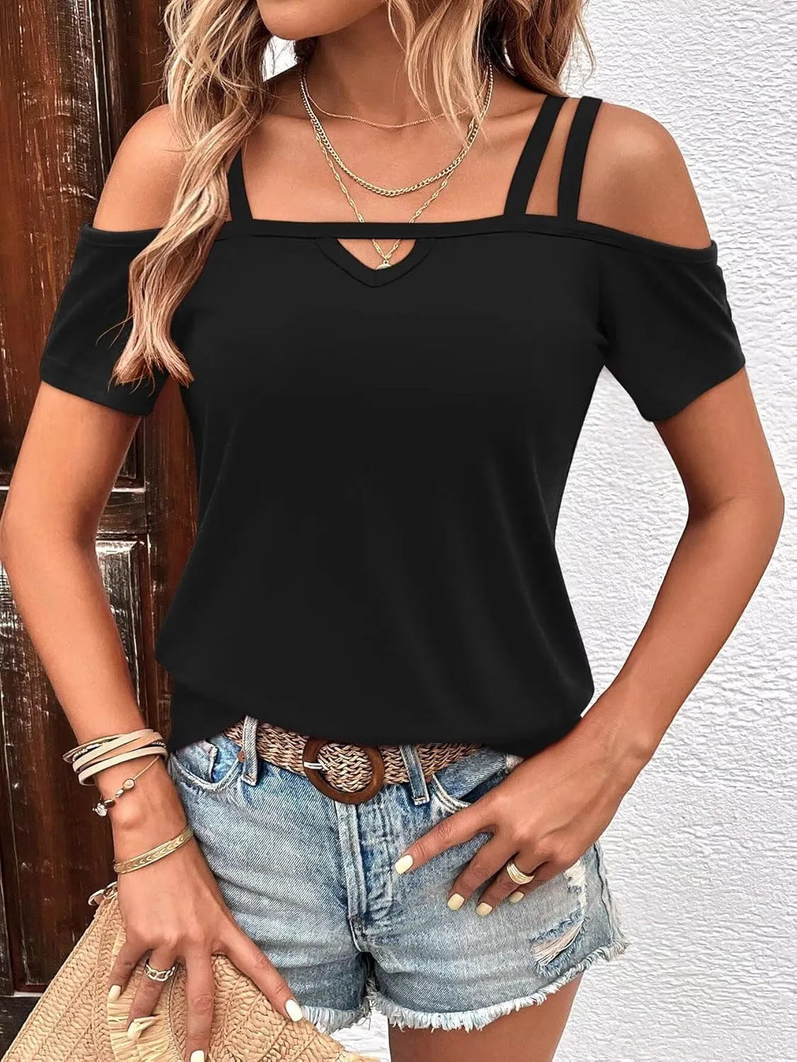 Bliwov Womens Cold Shoulder Tops Short Sleeve Cute Sexy Summer Spring Beach Vacation T Shirts Fashion Outfits Basic Clothes