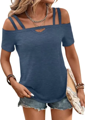 Bliwov Womens Cold Shoulder Tops Short Sleeve Cute Sexy Summer Spring Beach Vacation T Shirts Fashion Outfits Basic Clothes