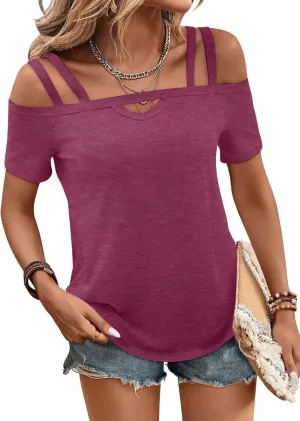 Bliwov Womens Cold Shoulder Tops Short Sleeve Cute Sexy Summer Spring Beach Vacation T Shirts Fashion Outfits Basic Clothes