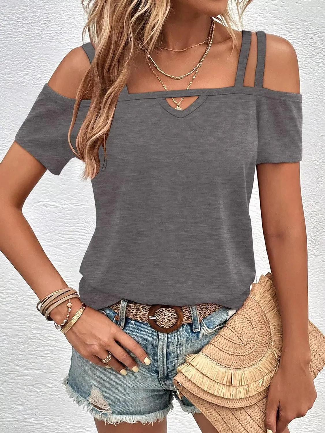 Bliwov Womens Cold Shoulder Tops Short Sleeve Cute Sexy Summer Spring Beach Vacation T Shirts Fashion Outfits Basic Clothes