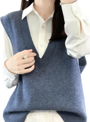 Blostirno Women's Sweater Vest V Neck Knit Pullover Vests Trendy Solid Knitwear Sleeveless Sweaters Tops
