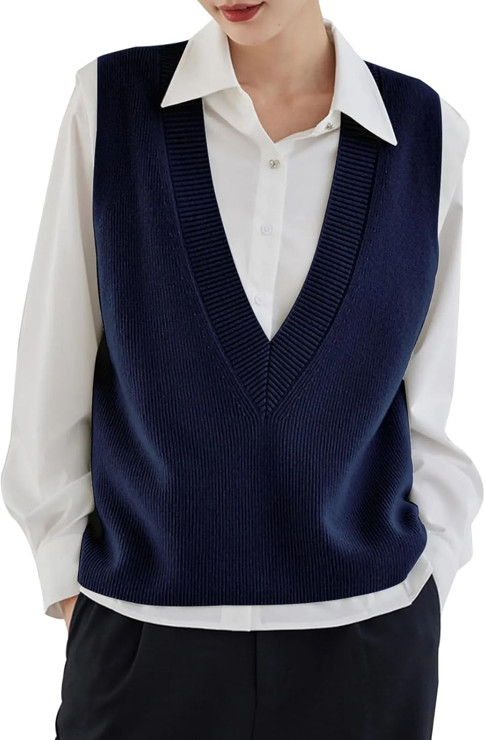 Blostirno Women's Sweater Vest V Neck Knit Pullover Vests Trendy Solid Knitwear Sleeveless Sweaters Tops