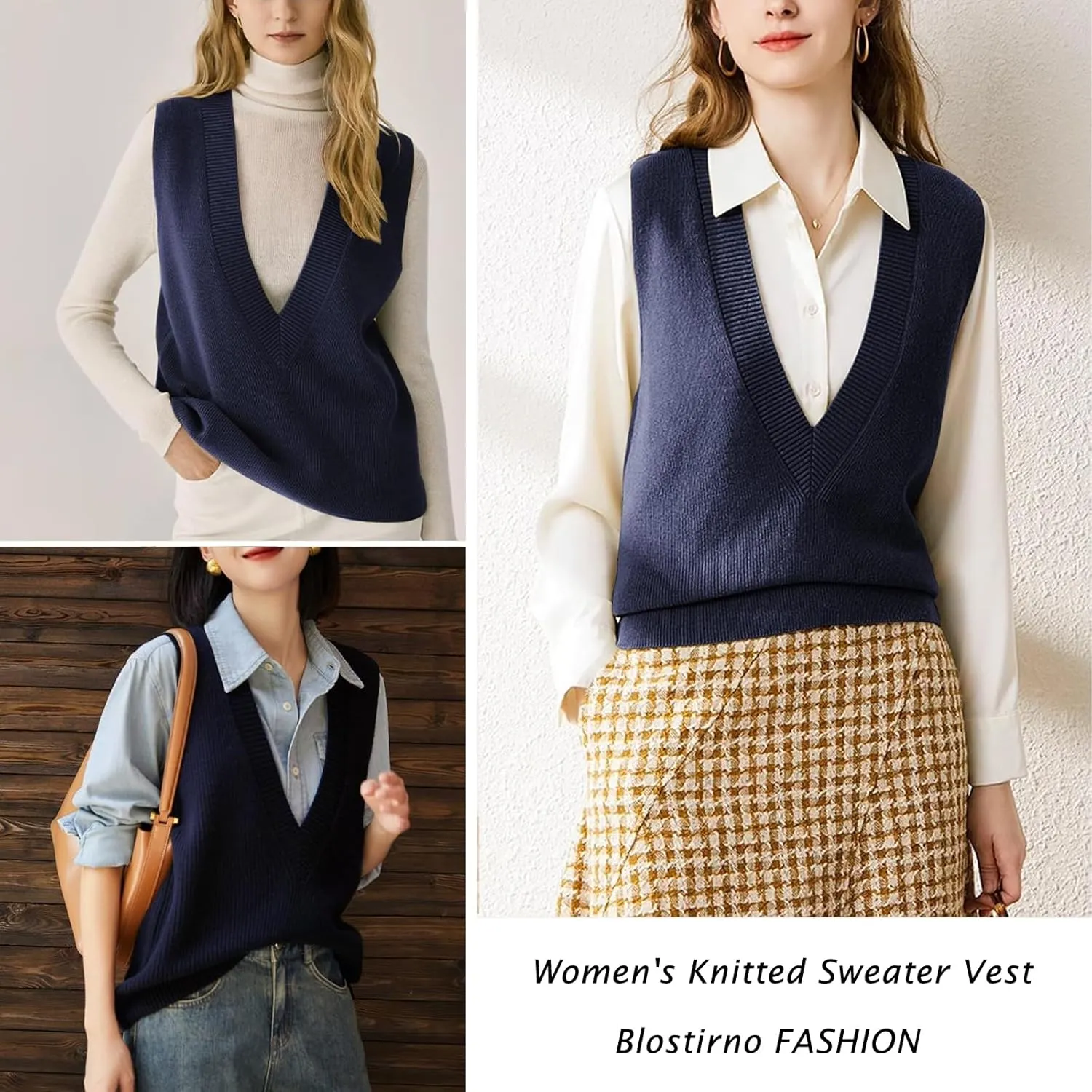 Blostirno Women's Sweater Vest V Neck Knit Pullover Vests Trendy Solid Knitwear Sleeveless Sweaters Tops