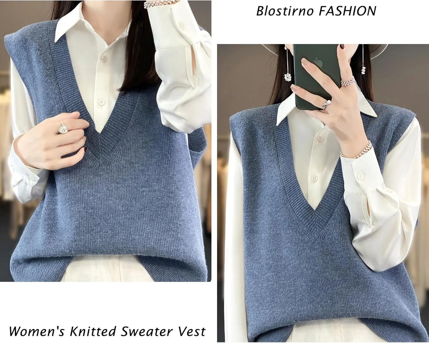 Blostirno Women's Sweater Vest V Neck Knit Pullover Vests Trendy Solid Knitwear Sleeveless Sweaters Tops