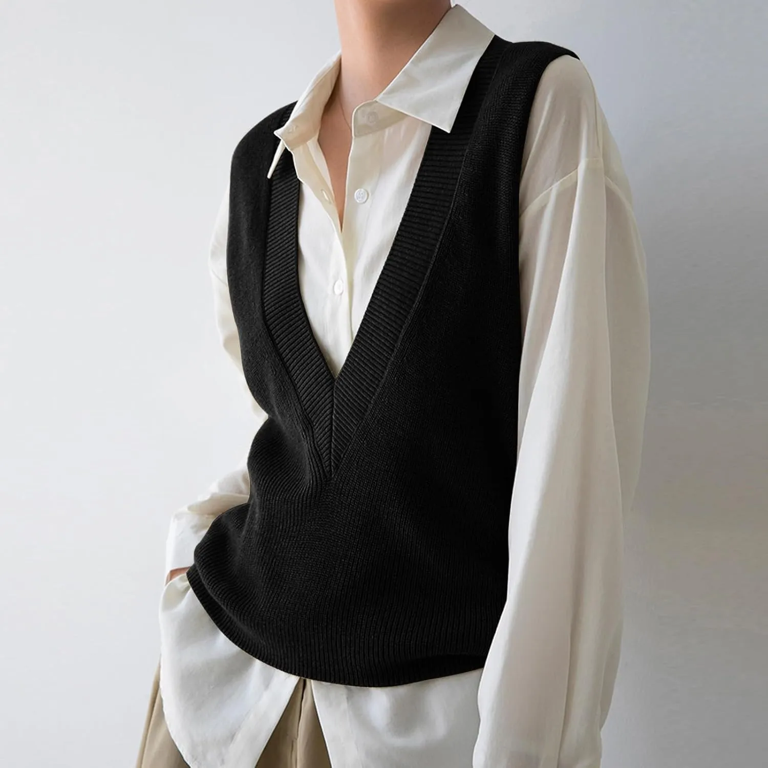 Blostirno Women's Sweater Vest V Neck Knit Pullover Vests Trendy Solid Knitwear Sleeveless Sweaters Tops
