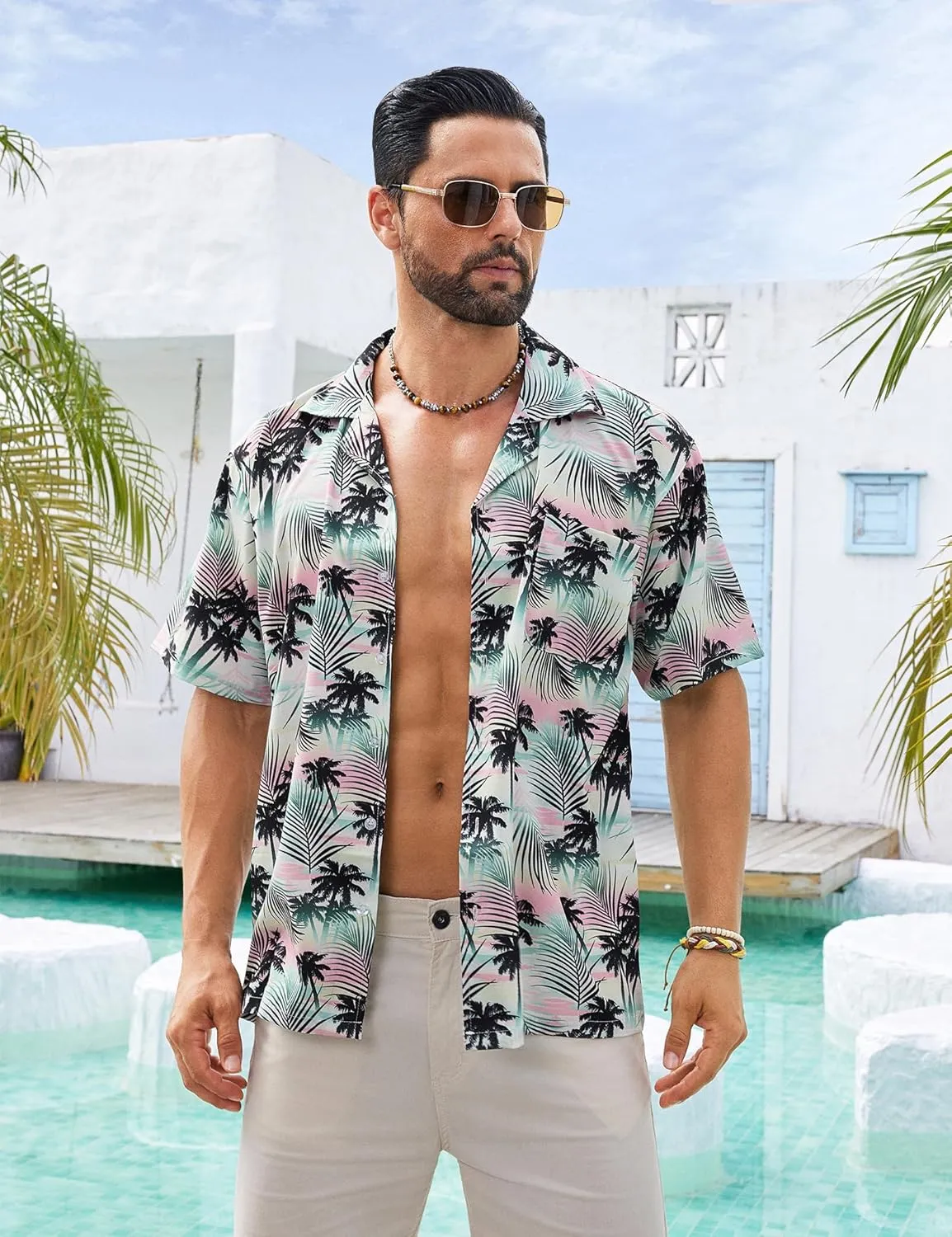 BOJIN Men's Hawaiian Shirts Short Sleeve Button Down Casual Shirts Summer Printed Tropical Floral Aloha Beach Shirts