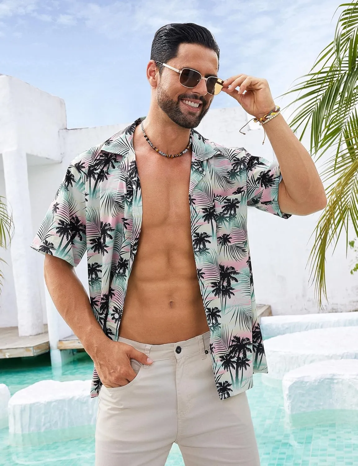 BOJIN Men's Hawaiian Shirts Short Sleeve Button Down Casual Shirts Summer Printed Tropical Floral Aloha Beach Shirts