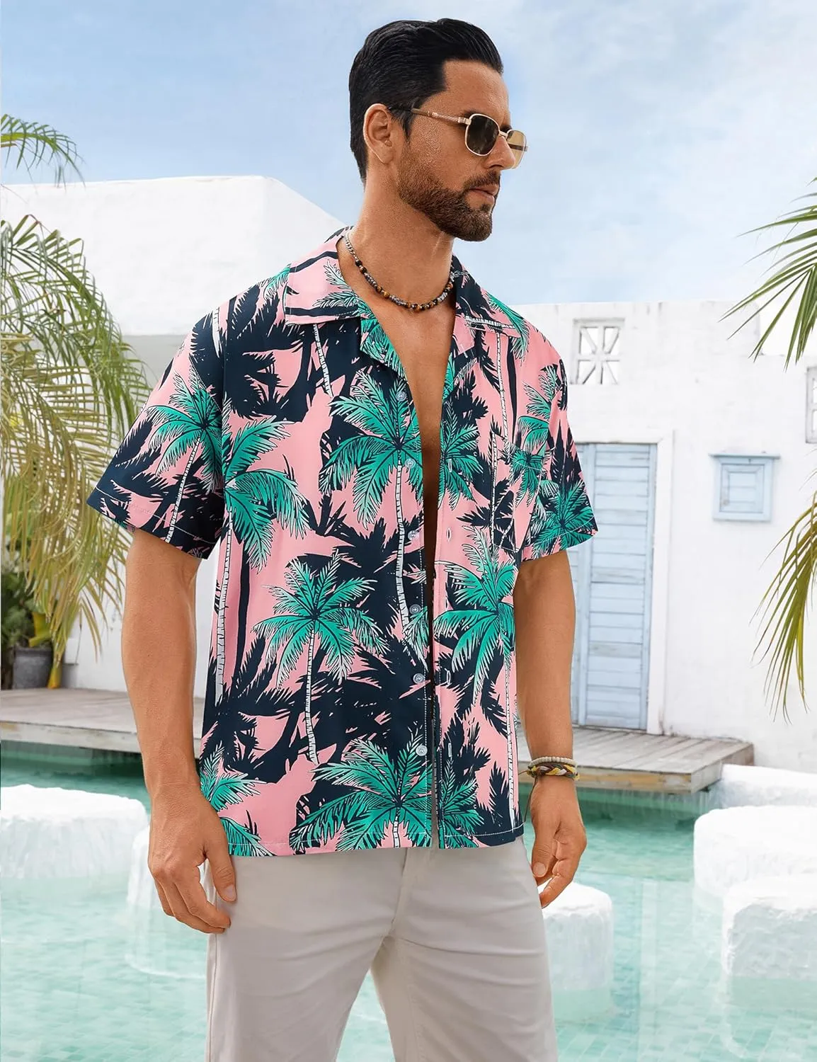 BOJIN Men's Hawaiian Shirts Short Sleeve Button Down Casual Shirts Summer Printed Tropical Floral Aloha Beach Shirts