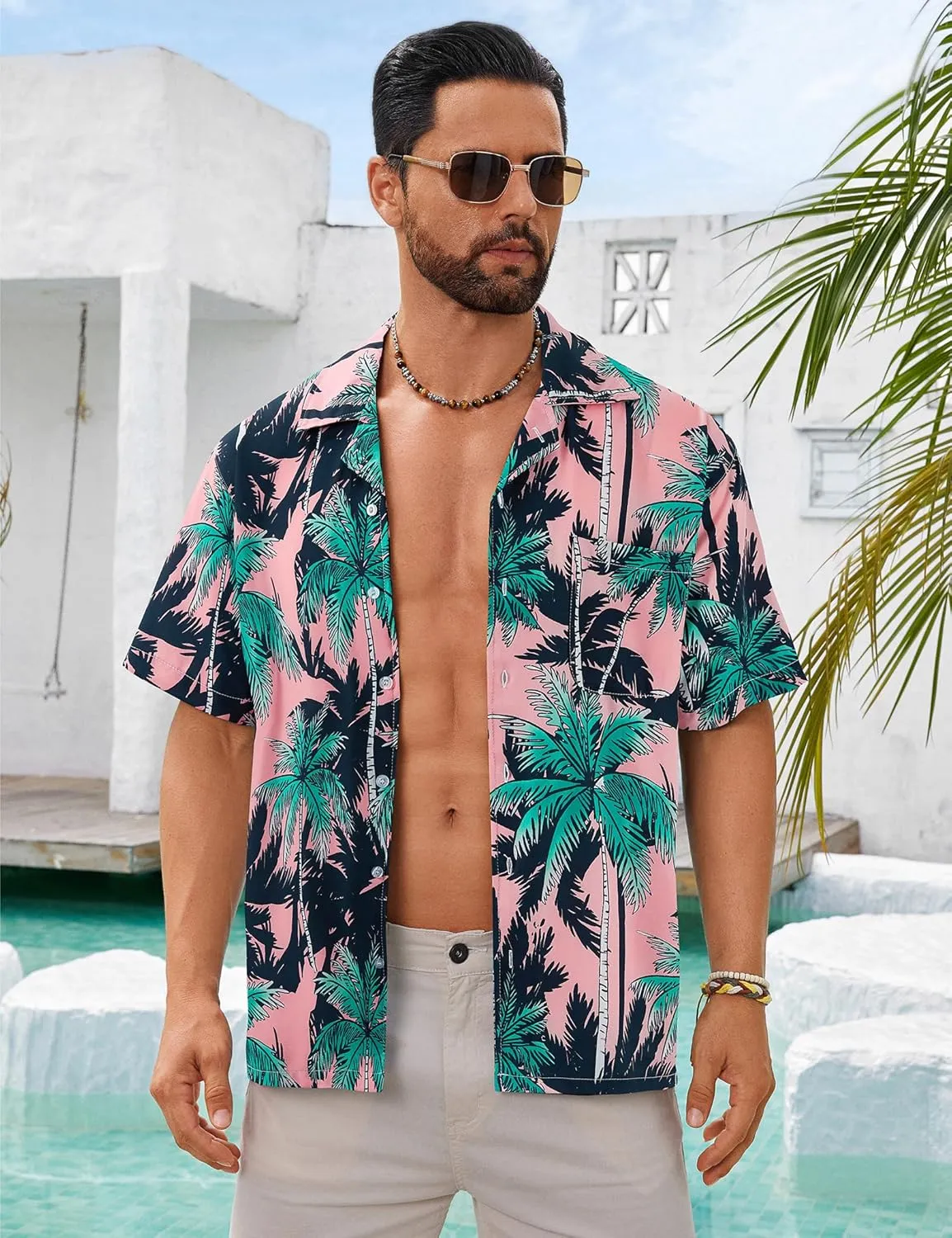 BOJIN Men's Hawaiian Shirts Short Sleeve Button Down Casual Shirts Summer Printed Tropical Floral Aloha Beach Shirts