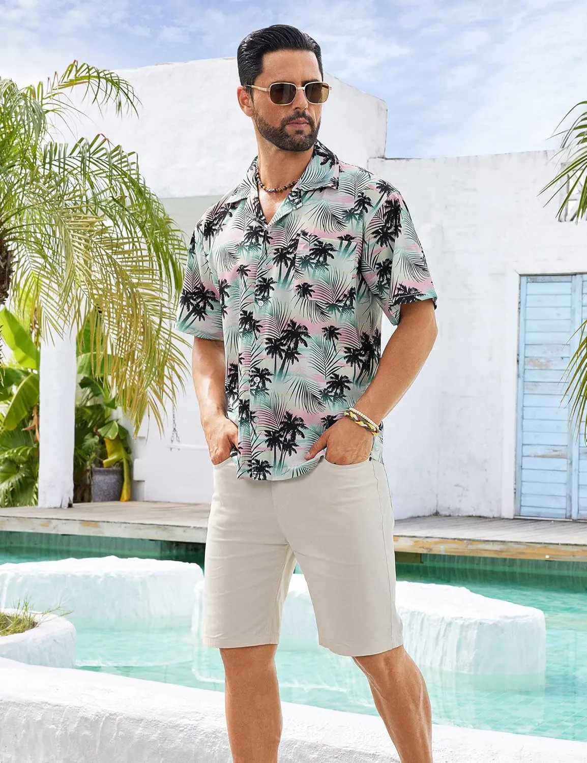 BOJIN Men's Hawaiian Shirts Short Sleeve Button Down Casual Shirts Summer Printed Tropical Floral Aloha Beach Shirts