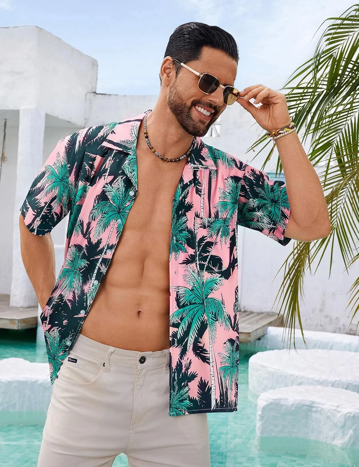 BOJIN Men's Hawaiian Shirts Short Sleeve Button Down Casual Shirts Summer Printed Tropical Floral Aloha Beach Shirts