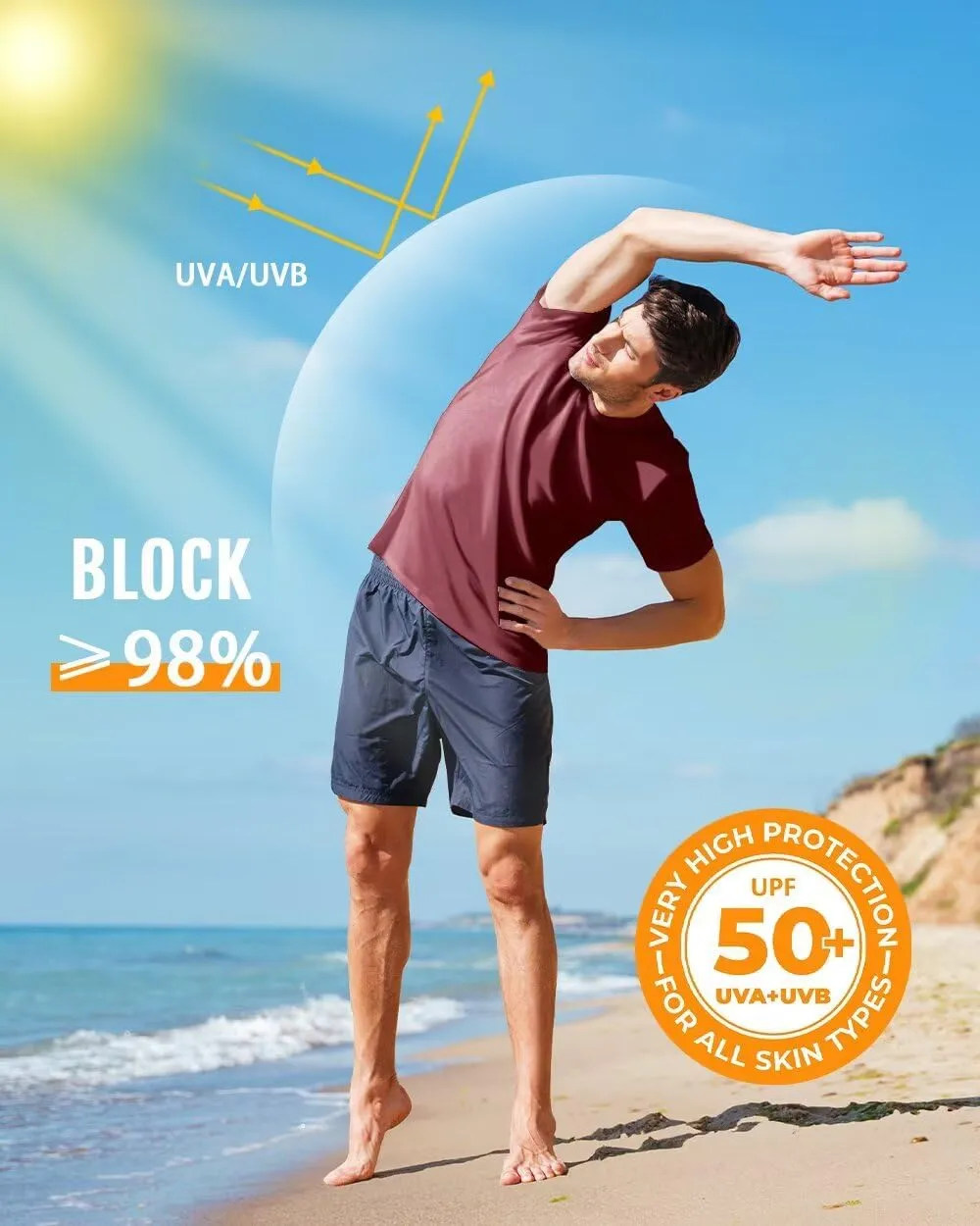 Boladeci Men's Swim Shirt Short Sleeve UPF 50  Sun Protection SPF UV Moisture Wicking Lightweight Quick Dry Rash Guard