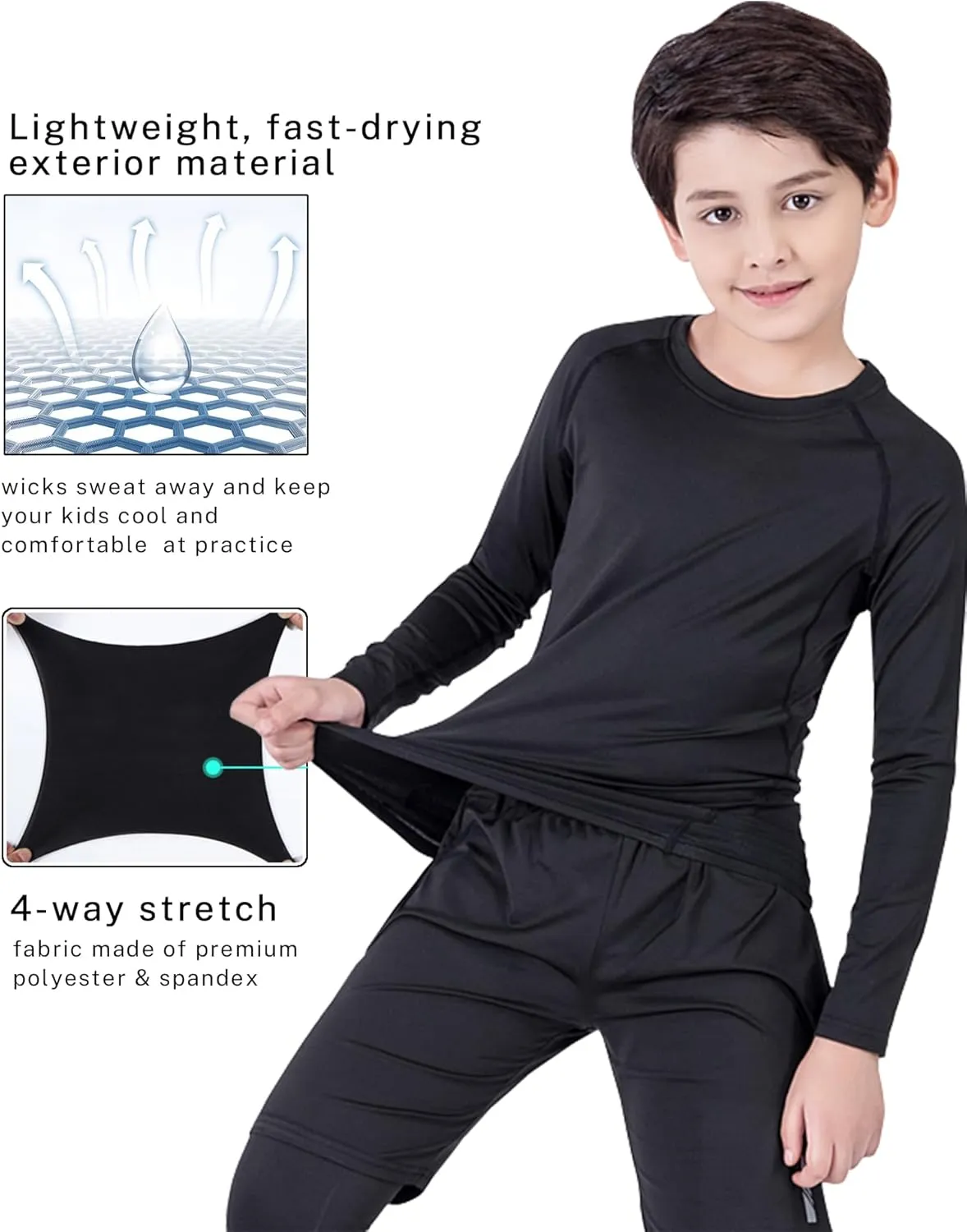 Boys Compression Shirt Long Sleeve Suit Youth Undershirts Kids Football Baseball Baselayer Cold Gear Quick Dry Black