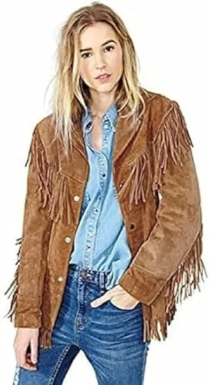 Buckskin Suede Leather Jacket Genuine Leather Western Style Jacket with Fringe Details for Women