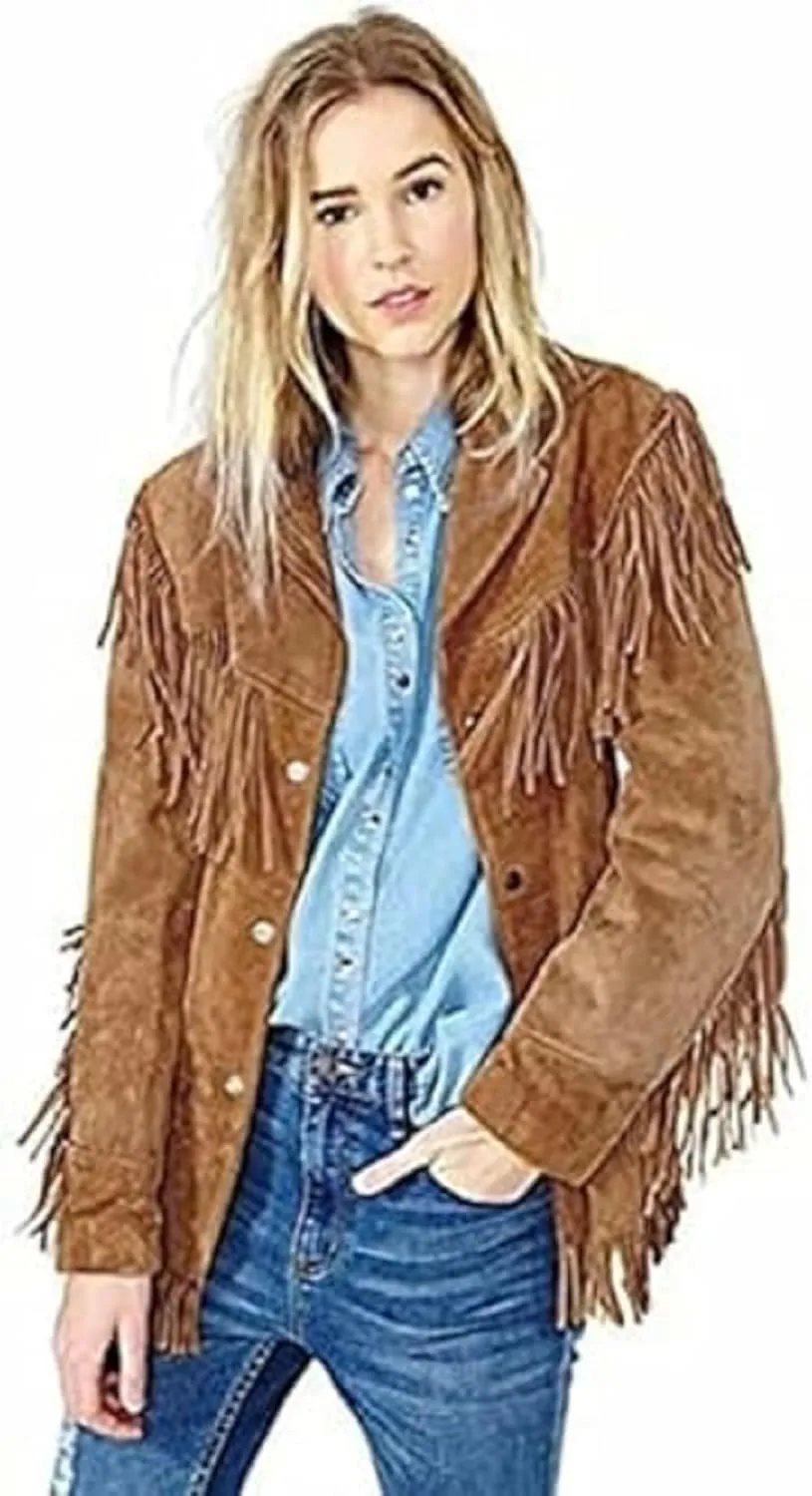 Buckskin Suede Leather Jacket Genuine Leather Western Style Jacket with Fringe Details for Women