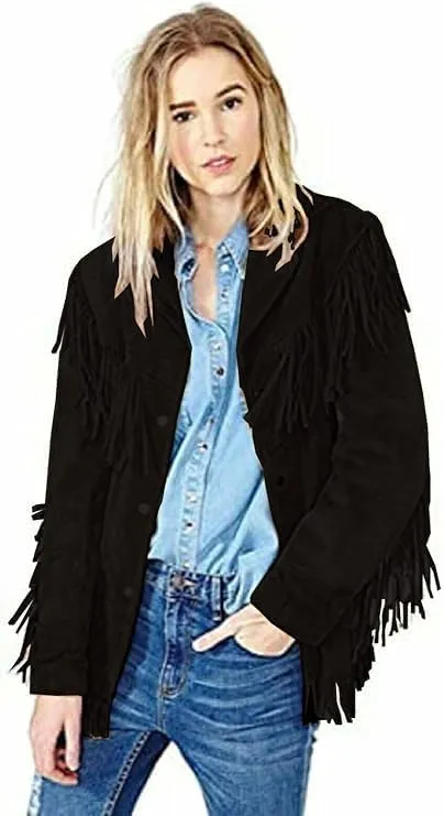 Buckskin Suede Leather Jacket Genuine Leather Western Style Jacket with Fringe Details for Women