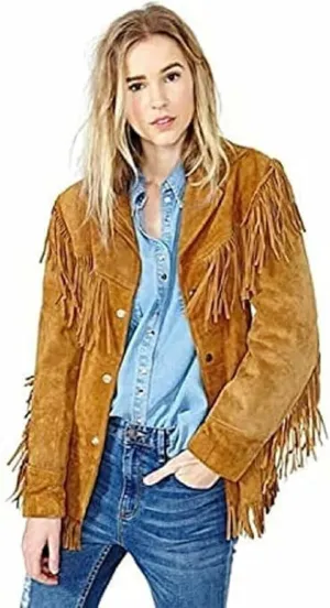 Buckskin Suede Leather Jacket Genuine Leather Western Style Jacket with Fringe Details for Women