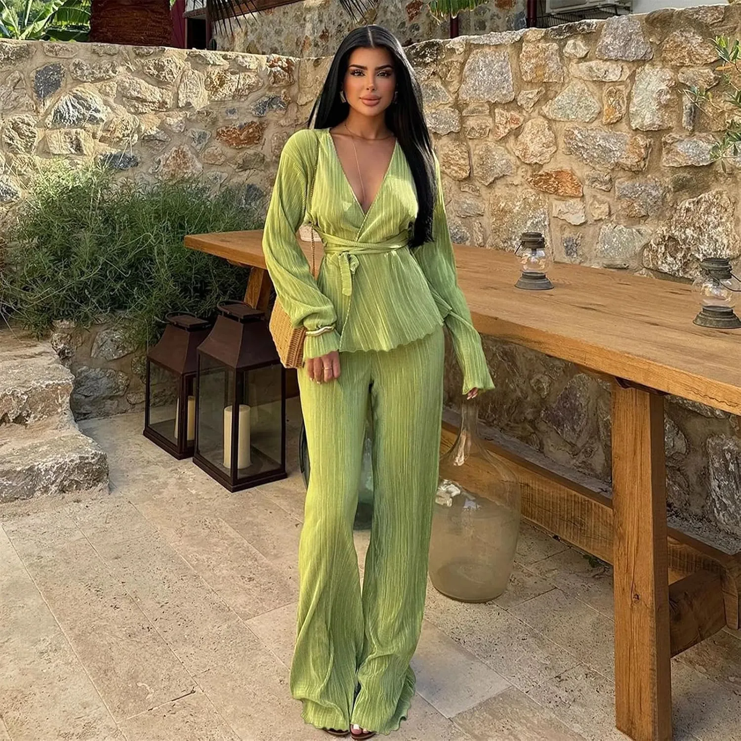 CALEBGAR Women's Fall 2 Piece Pleated Sets Long Sleeve Open Front Shirt with Belt Flare Wide Leg Linen Pants Sets Streetwear