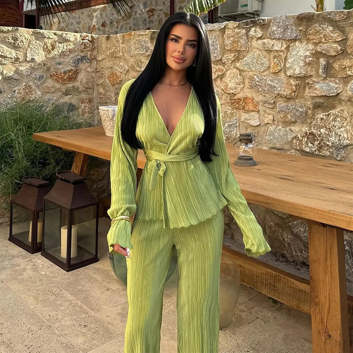 CALEBGAR Women's Fall 2 Piece Pleated Sets Long Sleeve Open Front Shirt with Belt Flare Wide Leg Linen Pants Sets Streetwear