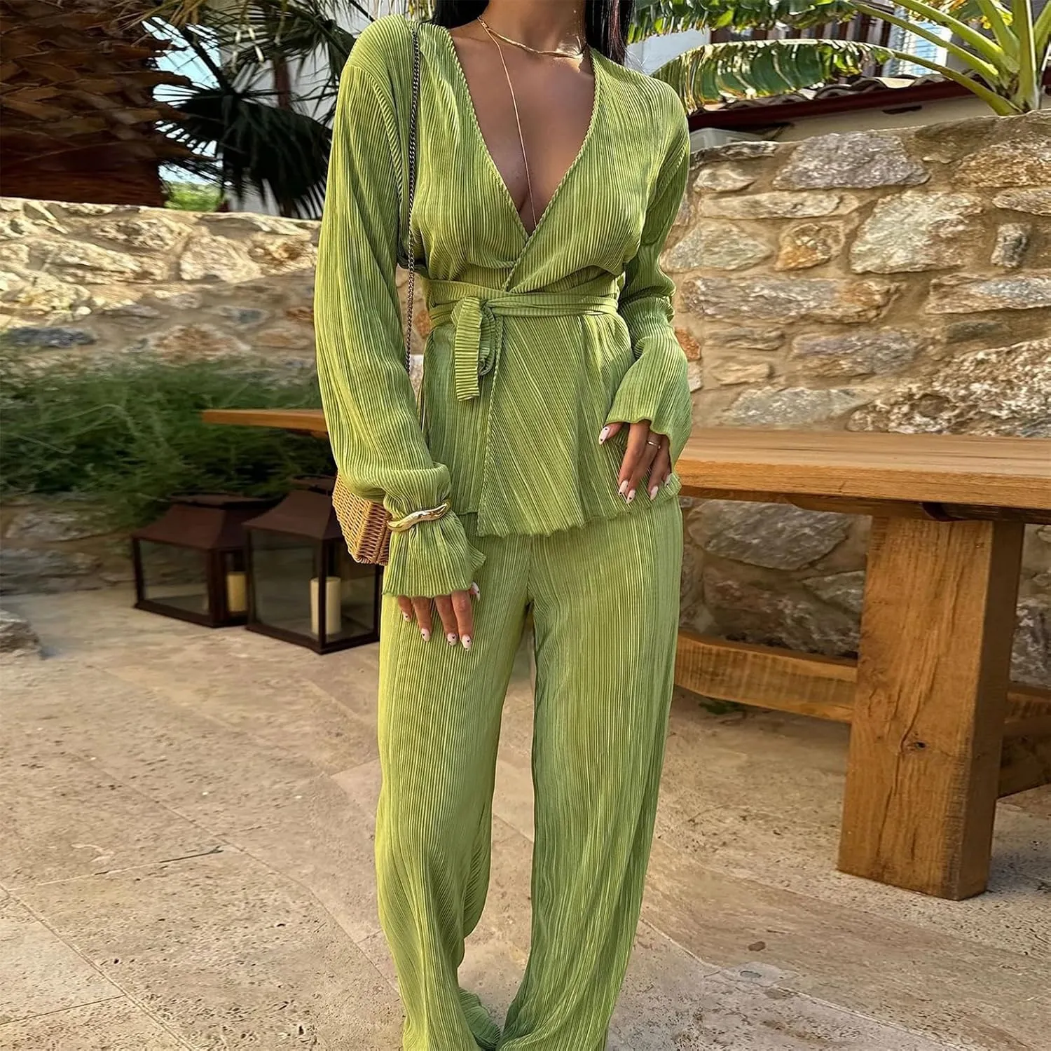 CALEBGAR Women's Fall 2 Piece Pleated Sets Long Sleeve Open Front Shirt with Belt Flare Wide Leg Linen Pants Sets Streetwear