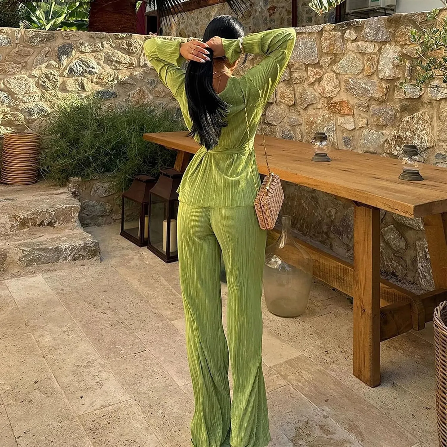 CALEBGAR Women's Fall 2 Piece Pleated Sets Long Sleeve Open Front Shirt with Belt Flare Wide Leg Linen Pants Sets Streetwear