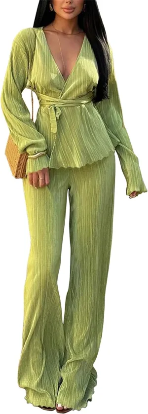 CALEBGAR Women's Fall 2 Piece Pleated Sets Long Sleeve Open Front Shirt with Belt Flare Wide Leg Linen Pants Sets Streetwear